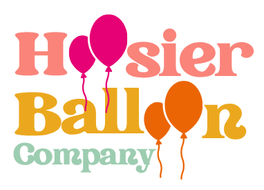 Hoosier Balloon Company is written in pink, yellow and green with balloons instead of the double o's in Hoosier and Balloon.